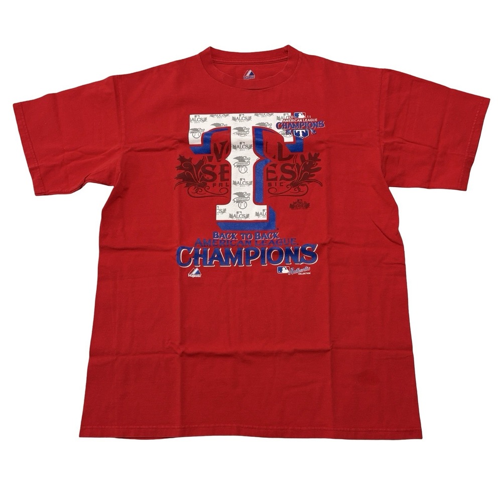 Majestic x Texas Rangers 2011 Back to Back Champs T Shirt Size XL 22 x 28.5